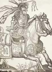 Bouillon Gottfried, 1060-1100 körül, középkori frank lovag. Az első keresztes hadjárat egyik vezetője. Itt Krisztus szenvedésének eszközeivel megkoronázva látható. Egy 15. századi fametszet után.