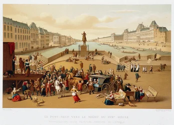 Le Pont Neuf a 17. század közepe felé, „” 17. század – Intézmények: használati szokások és jelmezek, Franciaország 1590-1700”, Paul Lacroix