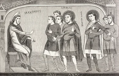 Savinus és Cyprianus szentek megvallják Galerius Maximus prokonzulnak, hogy keresztények. Egy 11. századi freskó után a franciaországi Vienne-i Szent Savin-templomban.