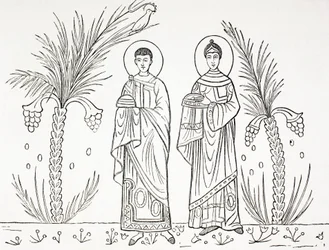 Szent Cecília és férje, Valerianus. A római Szent Cecília templomban őrzött 3. vagy 4. századi mozaik után.