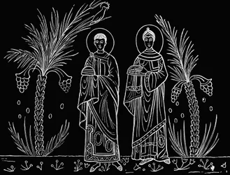 Szent Cecília és férje, Valerianus. A római Szent Cecília templomban őrzött 3. vagy 4. századi mozaik után.