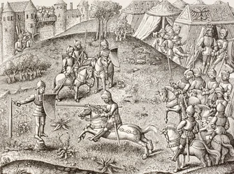 A Quintainra billegve, Egy lovag forgó képmása. A 15. századi Chroniques De Charlemagne miniatűrje után.