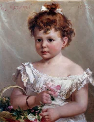 A lány a kosárban avagy Helene Loeb, a leendő Madame Victor Lyon, két évesen Paul Merwart festménye (1855-1902) 19. század V. 0,46x0,38 m