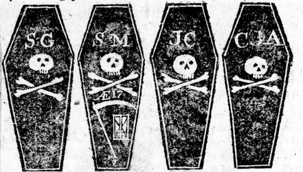 A bostoni mészárlás négy koporsójának rajza, a Boston Gazette-ben nyomtatva, 1770. március 12.