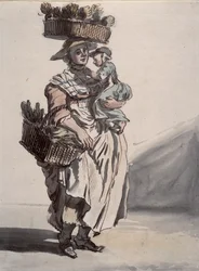 Egy londoni zöldzöldségárus gyermeket cipelve, 1759
