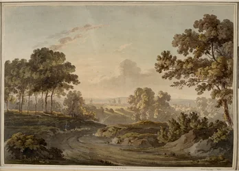 Oxford [grafika]. Pásztor juhokat terel az Oxford felé vezető úton, amely a naplemente ragyogásával megvilágított horizonton látható.