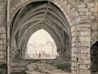A Holyrood Abbey egy része, kilátással a Canongate-ra (toll és tinta mosással)