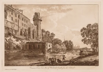 Kilátás a Warwick-kastélyra: Caesars ower és Warwick-kastély egy része a szigetről, 1776.