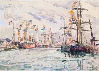 Vitorlások ünnepi zászlókkal egy mólón Saint-Maloban, 1920-as évek.