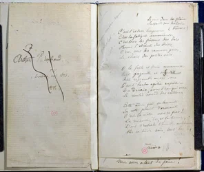 Kézzel írt oldalak a "Romances Sans Paroles"-ból, áthúzott dedikáció Arthur Rimbaud-nak, 1873