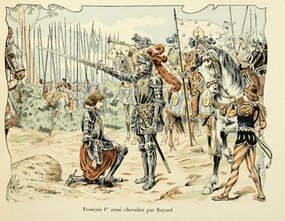 Az illusztráció Theodore Cahu „Histoire du chevalier Bayard” című könyvéből, Paul De Semant (1855-1915) illusztrálta: Francois 1, er arme chevalier par Bayard 1515