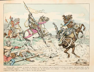 Illusztráció Theodore Cahu „Janna of Arc” című könyvéből, Paul De Semant (1855-1915) illusztrálta: 1429. június 12. Lude ura labdával öl a jargeau-i csata során Joan of Arc előtt