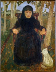 Öregasszony, ülve, macskával (festmény vászonra)