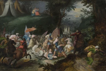 Bataille entre les Israelites et les Amalecites - Csata az izraeliták és az amalekiták között, Casteels, Pauwels (aktív kb. 1649-1680). Olaj, fa. Mérete: 45x65 cm. Nemzeti Múzeum Stockholm