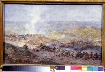 Jelenet az orosz török ​​háborúból (1876-1878) (A Scene of the Russo Turkish War). Csatatér a Balkánon, ahol az orosz hadsereg és az Oszmán Birodalom katonái csapnak össze, Pleven (vagy Plevna, Bulgáriában) ostroma alatt, 1877-ben.