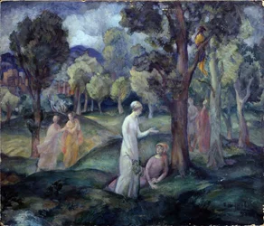Séta mezőkön. (Séta a mezőkön). Szabadidős jelenet, fiatal nők a fák között a dombok között. Pavel Szemjonovics Naumov (1884-1942) munkája, olaj, karton