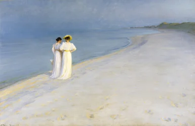 Nyári este Skagen strandján. Anna Ancher és Marie Krøyer együtt sétál