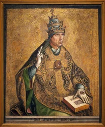 Szent Gergely pápa portréja (Nagy néven ismert, 540-604. pápa). Pedro Berruguete festménye (1450 körül), olaj és aranylevél fán, 1495 körül. Katalónia Nemzeti Művészeti Múzeum, Barcelona (Spanyolország).