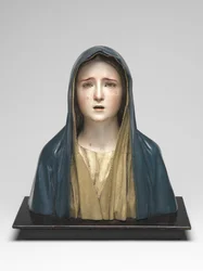 Szomorú Szűz Mater Dolorosa (polikróm fa, üveg és állatszőr)