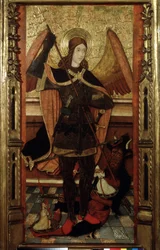 "Mihály arkangyal mérlegeli a halottak lelkét" (Mihály arkangyal mérlegeli a halottak lelkét) Pedro Espalargues festménye, a fiatalabb (16. század) Puskin Múzeum, Moszkva