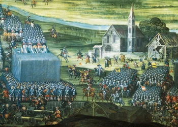 A fehérhegyi csata Prága közelében, 1620. november 7-8., Pieter Snayers (1592-1667) festménye, a római Santa Maria della Vittoriában őrzik. Részlet. Harmincéves háború, Cseh Köztársaság