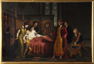 VIII. Károly meglátogatja a haldokló Gian Galeazzo Sforzát a Pavia kastélyban