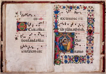 Piccolomini Könyvtár: kóruskönyv, cod. 102,8, ff. 47v-48r „Nativity”-vel, Pellegrino di Mariano.