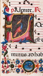 Piccolomini Könyvtár: kóruskönyv, cod. 5.E, ff. 63r „Foliated iniciálával”, Pellegrino di Mariano. Részlet.