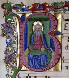 A Szentháromság: Az Atyaisten az Ő Felségében trónoló, gömböt és jogart tartva, három arccal, egy „B” kezdőbetűn belül, 1480 körül
