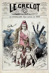 „A harang” egyik száma, amely a „Marseillaise” nemzeti himnusz előrenyomuló allegóriáját ábrázolja, miközben a menekülő nemesek befogják a fülüket. Pepin illusztrációja. 10/02/1878. Magángyűjtemény