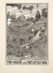 A horgász és a hal, Aesopus száz meséjéből, pub.1903 (metszet)