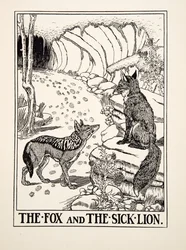 A róka és a beteg oroszlán, A Hundred Fables of Aesopus, Pub.1903 (metszet)