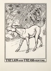 Az oroszlán és a szamárvadászat, a Fontaine Fables-től, pub. 1905