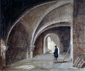 Kripta a Szent Jakab-templom alatt a falban, Wood Street Square, London City, 1855.