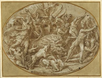 The Hunt of the Calydonian Boar (toll és tinta barna mosással és fehér kiemeléssel a papíron)