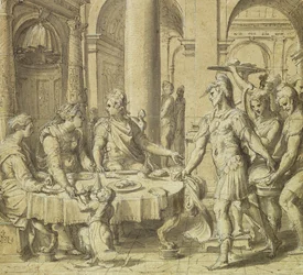 Dido és Aeneas lakomája, minta az Aeneas története sorozatban található kárpithoz, 1532 körül (toll, tinta és mosás papíron)