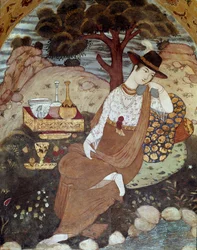 Perzsa hercegnő I. Abbász uralma alatt nyugvó 17. században. Freskó a 40 oszloppalotából (Chehel Sotoun) Iszfahánban (Iszfahán vagy Esfahan, Isfahan), Irán.