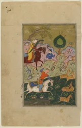 Bahram Gur Azadával vadászik, egy khamszából, 1580 körül