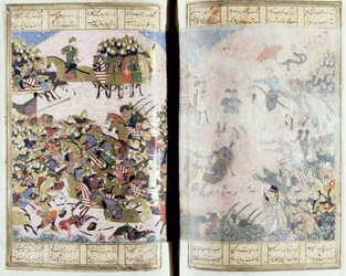 Harc Isfandiyar és Arjasp között, illusztráció a Shahnama-ból (Királyok könyvéből), Abul-Qasim Manur Firdawsi (kb. 934-kb. 1020) kb. 1440-45 (toll, tinta és wc pergamen)