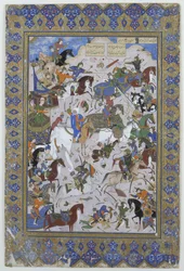 Csata Khusrau és Bahram Chubaina között, Nizami Layla és Majnun című verséből, 1540 (tinta pergamen)