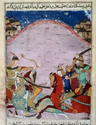 Harc mongolok és grúzok között. A grúzok menekülnek. Perzsa miniatűr 1430 körül. Paris, B.N.