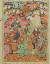 Rostam és Afrasiab párbaj lóháton, illusztráció a Shahnama-ból (Királyok könyvéből), Abul-Qasim Manur Firdawsi (934 körül-1020 körül) 1619