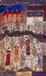 Első interjú Houmay herceggel és Houmayoun kínai hercegnővel. Miniatűr Kuradjou Kirmani verséből, amelyet a herati iskola valósított meg, 1430 körül. Irán. Dekoratív művészet, Párizs