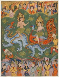 Folio egy Falnamából (Jelnek könyve); verso: Ádám és Éva kiűzése, Kazvin, Irán, Szafavida-korszak, 1550-es évek közepe (átlátszatlan akvarell, tus és arany papíron)