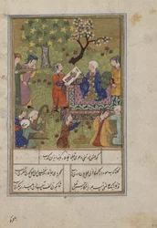 Folio egy khamszából (kvintett), Nizamitól; Shirin Khusraws portréját vizsgálja, Irán, 1500 körül (átlátszatlan akvarell, tinta, színes csillám és arany papíron)