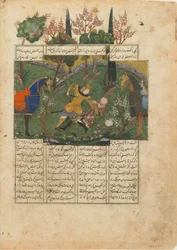 Fólió egy Shahnamából (Királyok könyve) Firdawsitól (megh. 1020); verso: Suhrab in Combat with Rustam, Irán, 1440 körül (átlátszatlan akvarell, tinta és arany papíron)