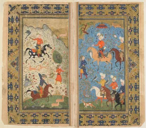 Fólió egy Shahnamából (Királyok könyve) Firdawsitól; Királyi vadászat, Irán, 1590-1600 körül (átlátszatlan akvarell, tus és arany papíron)
