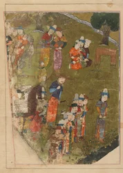 Folio egy Zafarnamából; recto: Timur meghallgatást ad balkhi trónra lépése alkalmából; verso: szöveg, Shiraz, Irán, Timurid korszak, 1436 (átlátszatlan akvarell, tus és arany a padon