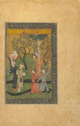 Fólió azonosítatlan szövegből; Herceg és hercegnő udvaroncokkal körülvéve egy kertben, Irán, turkomán korszak, 1480 körül (átlátszatlan akvarell, tus és arany papíron)