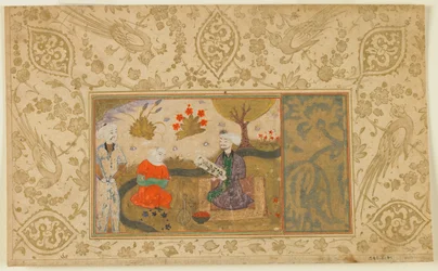 Fólió azonosítatlan szövegből; Egy nő beszélget egy ülő férfival a patak mellett, Irán, 1500 körül (átlátszatlan akvarell, tus és arany papíron)